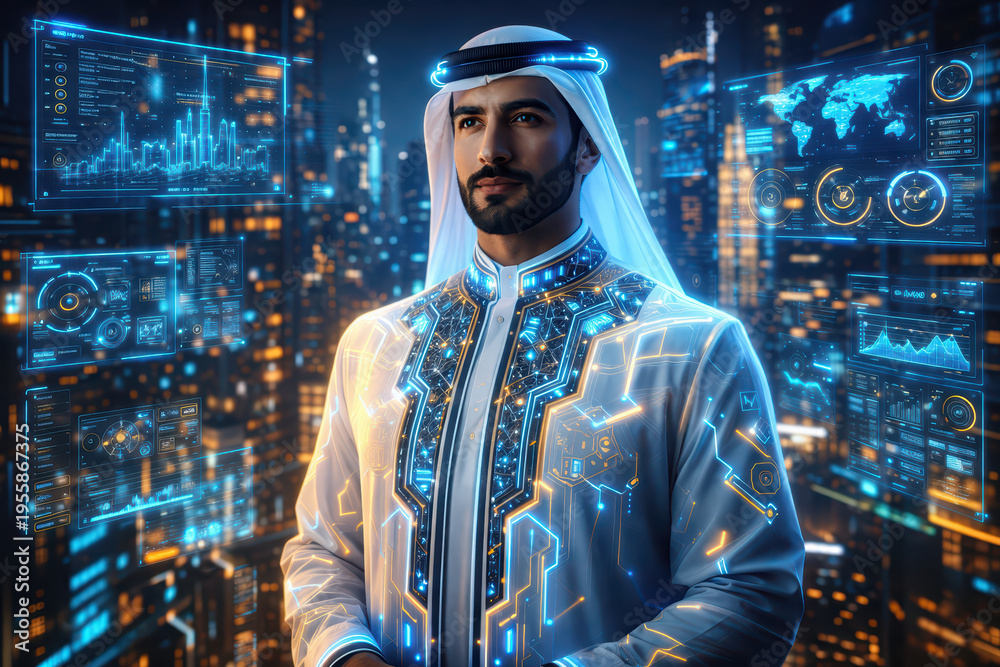 Obraz premium Futuristic man in traditional Middle Eastern attire with digital interface holograms displaying data and charts, glowing blue technology elements, cityscape background at night