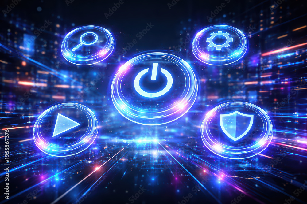 Fototapeta premium Power button icon search icon play icon shield icon gear icon digital interface futuristic technology glowing blue symbols virtual control panel technology concept