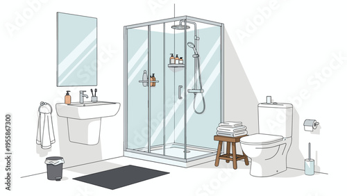 Clean and modern bathroom interior features a glass walk-in shower, sink, toilet, and various essential toiletries in an organized layout.