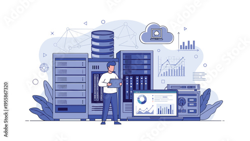Technical specialist uses a digital tablet to manage data in a high-tech server room with cloud computing and analytics icons.
