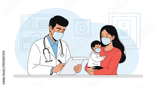 Professional male doctor wearing a protective face mask writes medical notes during a consultation with a mother and child.