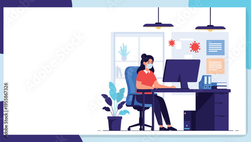 Young woman wearing a medical mask works at her computer desk while virus symbols appear in the background of her office space.