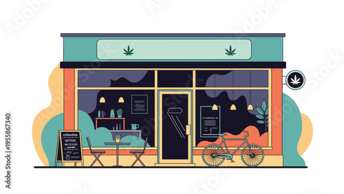 Charming storefront of a legal cannabis dispensary with a green bicycle parked outside and decorative leaf symbols on the windows.