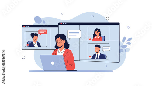 Businesswoman participates in a productive remote video conference with colleagues while working on her laptop from a home office.