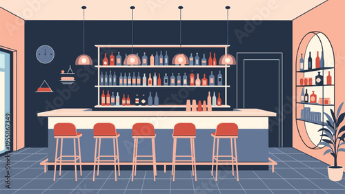 Stylish interior of a modern bar features a long counter with stools and shelves stocked with an extensive selection of bottles.