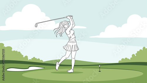Athletic female golfer in a white and green outfit performs a powerful swing on a beautiful golf course under a cloudy blue sky.