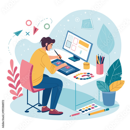 Flat style illustration of a creative designer working in a colorful workspace.