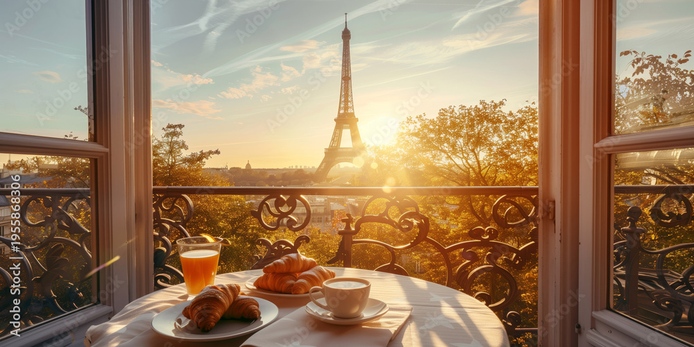 Naklejka premium Breakfast with fresh croissants, coffee, and orange juice served on a balcony with a view of the Eiffel Tower in Paris at sunrise.