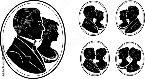 Vector silhouette set of cameo man and woman on white background