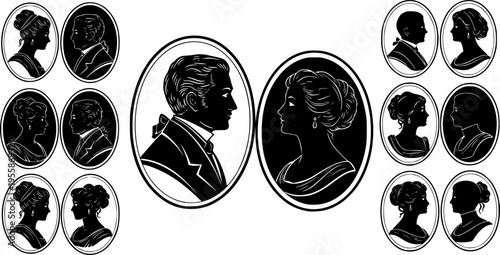 Vector silhouette set of cameo man and woman on white background