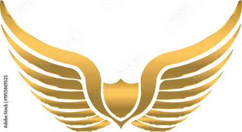 A superhero emblem featuring golden angel wings, symbolizing strength and freedom. Its 3D metallic feathers form a pair of outstretched wings with sharp tips. Ideal for heroes, fantasy characters