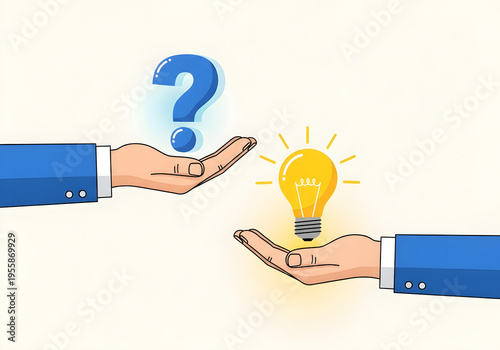 A conceptual illustration showing a blue question mark being exchanged for a bright light bulb