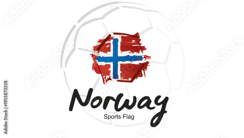 Abstract soccer ball sport icon label banner with Norway national flag ribbon handwritten typography lettering
