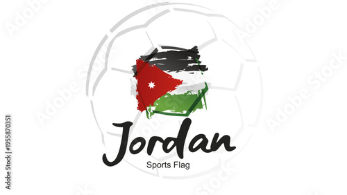 Abstract soccer ball sport icon label banner with Jordan national flag ribbon handwritten typography lettering