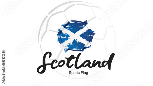Abstract soccer ball sport icon label banner with Scotland national flag ribbon handwritten typography lettering