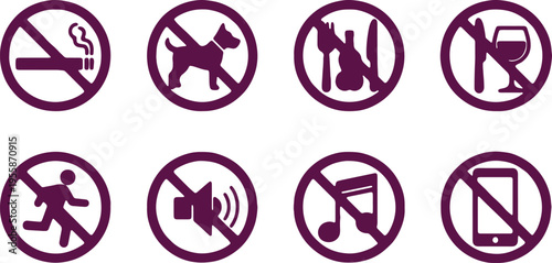 Common symbols indicating prohibited activities and items in public spaces