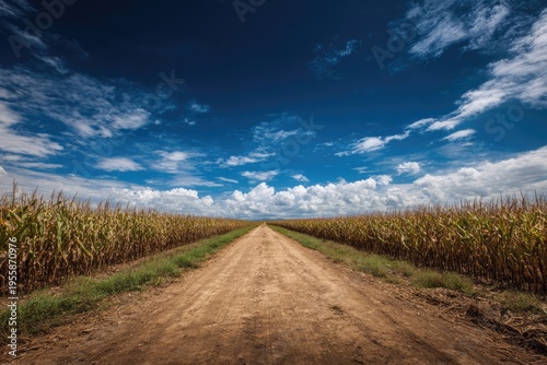 Rural road through cornfields under a vibrant blue sky.