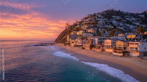 Coastal homes along sandy beach at sunset scenic landscape tranquil ocean view