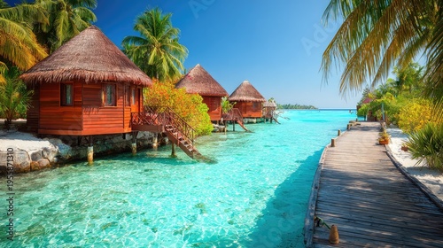 Tropical bungalows over clear water on a sunny day with blue sky