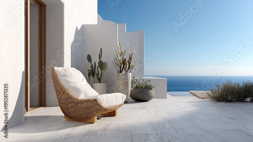 Relaxing outdoor scene with chair plants and ocean view on a sunny day