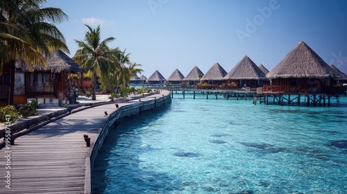 Tropical resort with overwater bungalows and turquoise ocean views