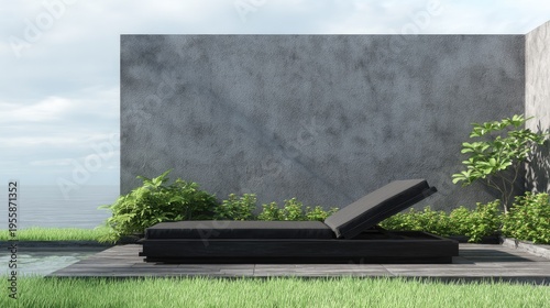 Modern outdoor chaise lounge against concrete wall with foliage