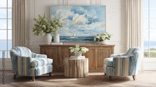 Elegant living room interior with armchairs artwork and decorative elements