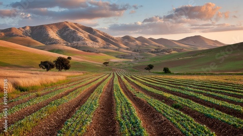 Parallel rows of young crops stretch across a fertile valley toward sunlit rolling hills and mountains.