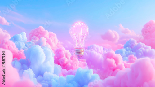 Glowing Light Bulb Floating in Dreamy Pink and Blue Cloudscape Sky for Idea Concept