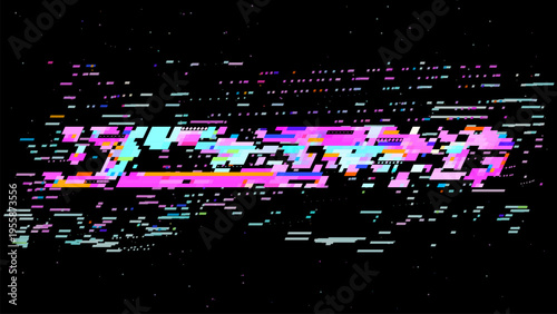 Pixelated glitch vector with red pink tones, digitalism concept in cosmic pixel space aesthetics for tech and gaming use. Dark background with subtle noise enhances contrast. Ideal for tech brandin...