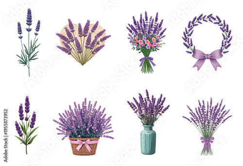 Beautiful sticker with lavender flowers isolated on transparent background. Flat design illustration.
