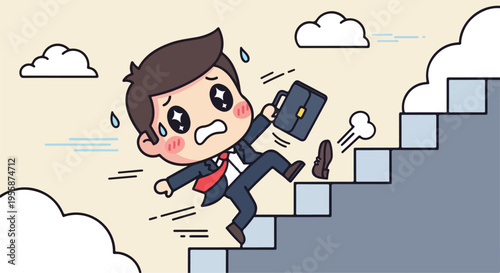 A cartoon businessman in a suit runs up a staircase with a briefcase, looking worried and stressed with sweat drops and clouds in the background.
