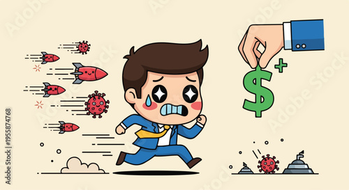 Cartoon businessman runs from rockets and explosions while being offered money on a beige background with a worried expression.