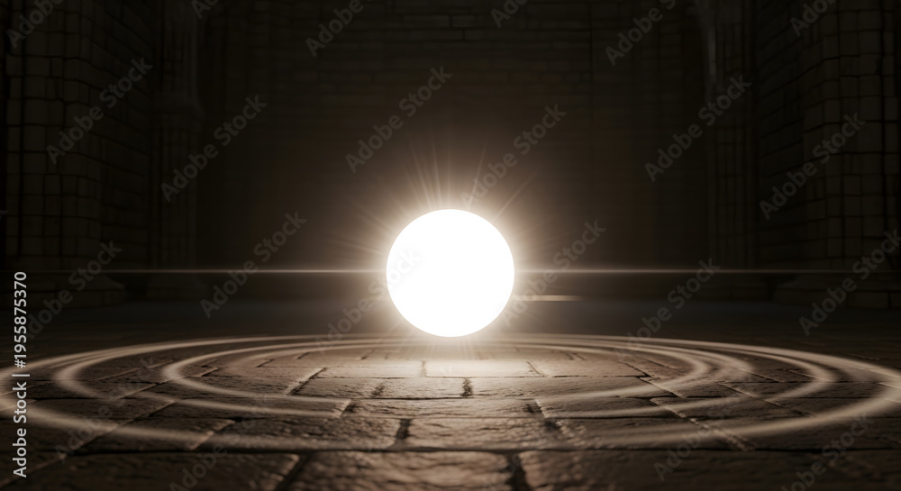 Fototapeta premium Glowing Light Source on Dark Wooden Surface with Concentric Circles Texture