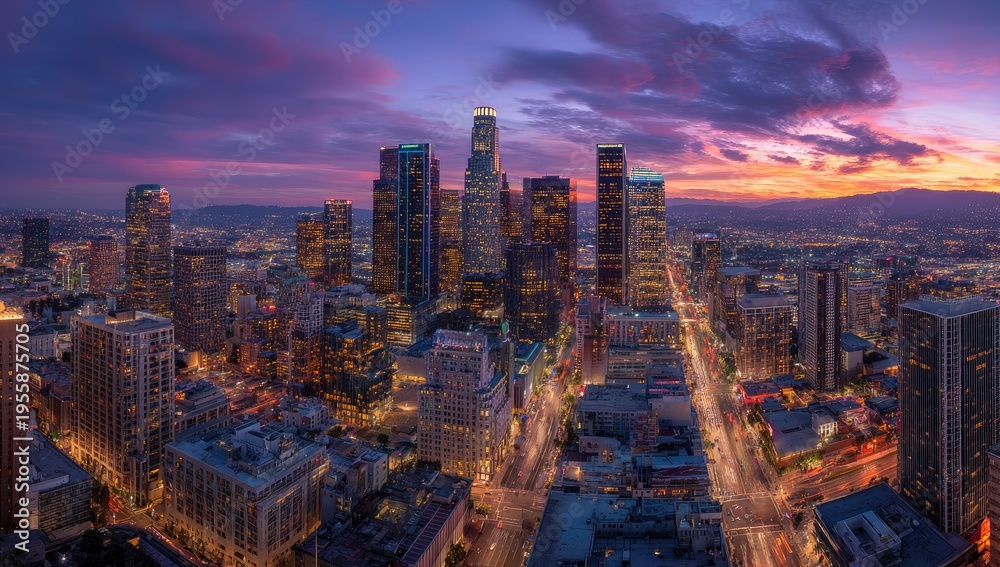 Obraz premium Dense cityscape glows under a dramatic, colorful, twilight sky with long street light trails