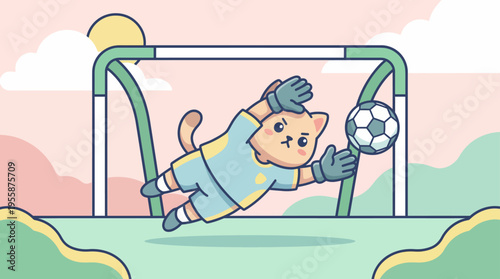 Cute cartoon cat goalkeeper diving to save a soccer ball in a match.