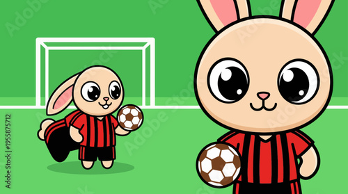 Cute cartoon bunny character in a soccer uniform holding a football.