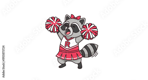 Adorable Raccoon Cheerleader Mascot with Pom-Poms and R Letter on Uniform.
