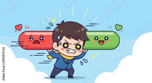 A cartoon businessman struggles to hold a large red and green pill with opposing emotions in a whimsical scene with clouds and a blue sky.