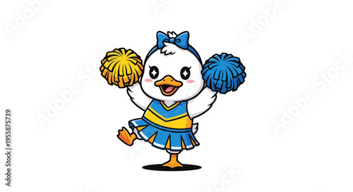 Cute cartoon duck cheerleader with pom-poms in blue and yellow uniform.