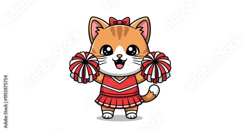 Cute Cartoon Cat Cheerleader with Pom-Poms.