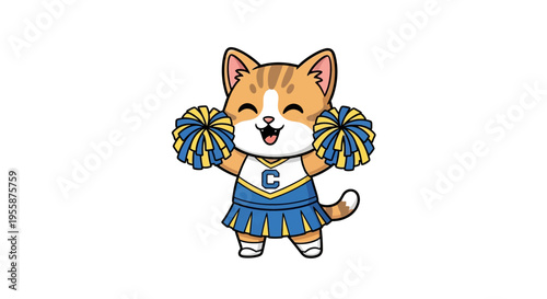 Adorable Cartoon Cat Cheerleader with Pom-Poms.