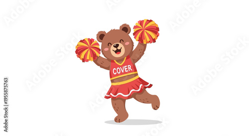 Cute cartoon bear cheerleader with pom-poms in a dynamic pose.