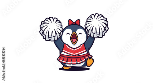 Cute Cartoon Penguin Cheerleader with Pom-Poms and Red Outfit.