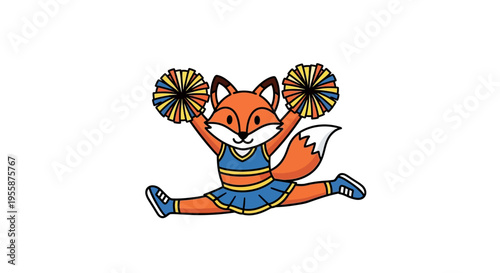 Cute Cartoon Fox Cheerleader Doing Splits with Pom-Poms.