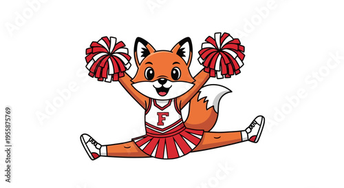 Cute cartoon fox cheerleader performing a split with pom-poms.
