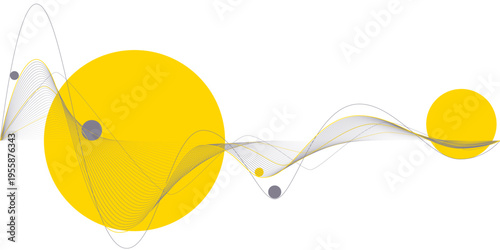 Digital data flow and signal visualization concept, abstract representation of analytics, sound waves, and technological processes. Large yellow circles and smooth flowing lines