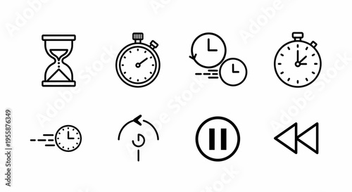 Time Related Line Art Icons Set for Various Concepts Like Deadline Management and Speed Control