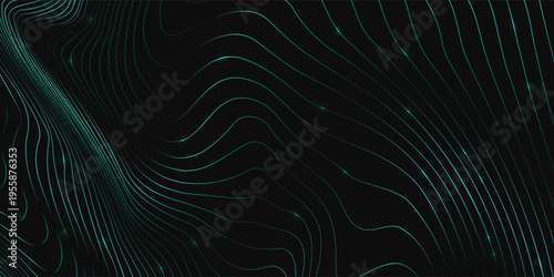 Glowing, flowing lines in shades of green against dark background. Abstract background for advertising campaigns, digital interfaces and data visualisation or eco analytics and innovation. Copy space