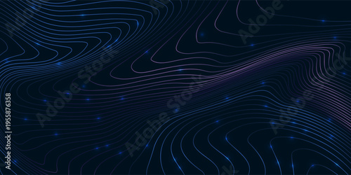 Futuristic contour lines with glowing nodes forming abstract data landscape. Concept of digital communication, data mapping, and intelligent systems for tech backgrounds and interfaces.